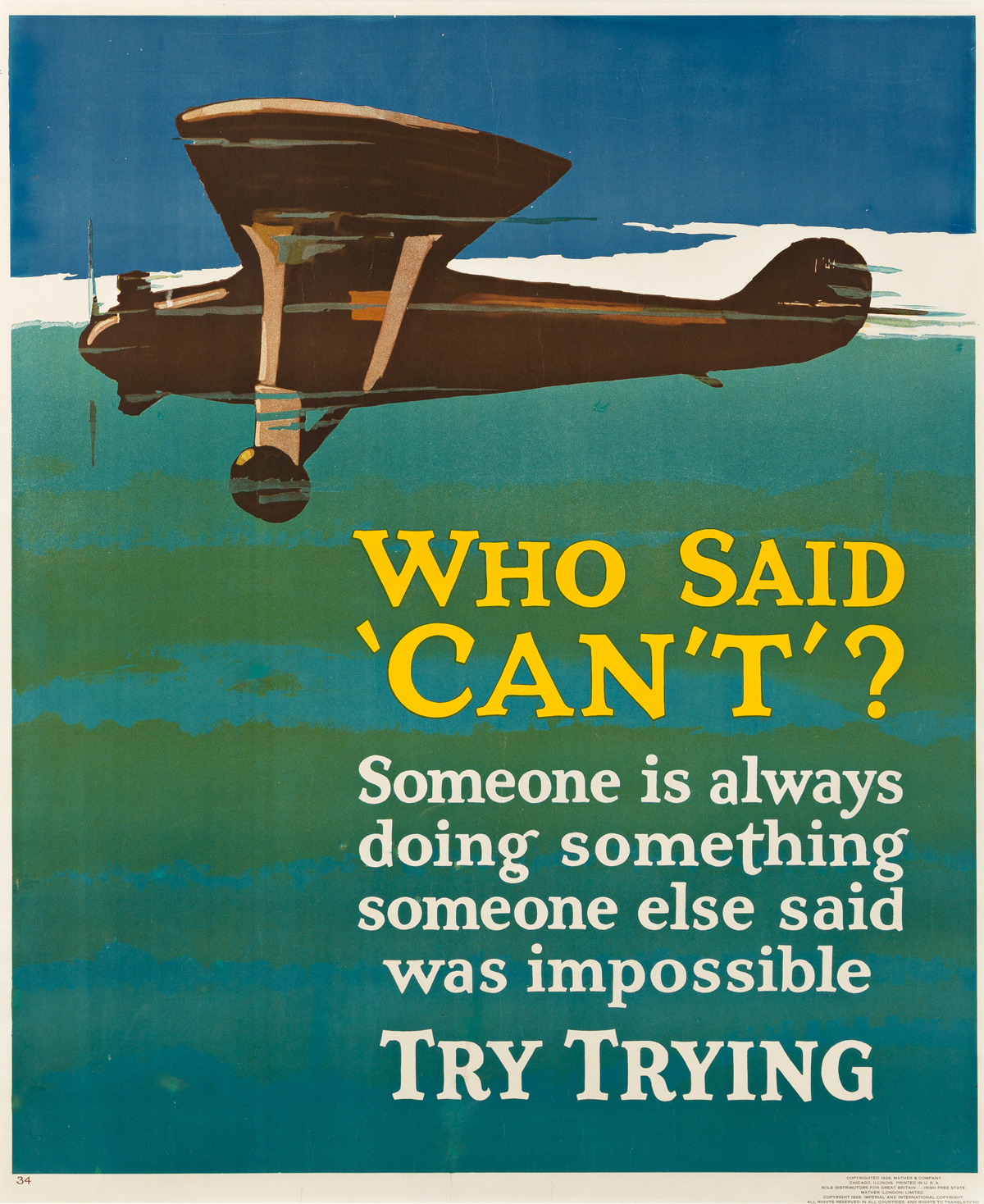 DESIGNER UNKNOWN.  WHO SAID CANT? / TRY TRYING. 1929. 43¾x36 inches, 111x91½ cm. Mather & Company, Chicago.